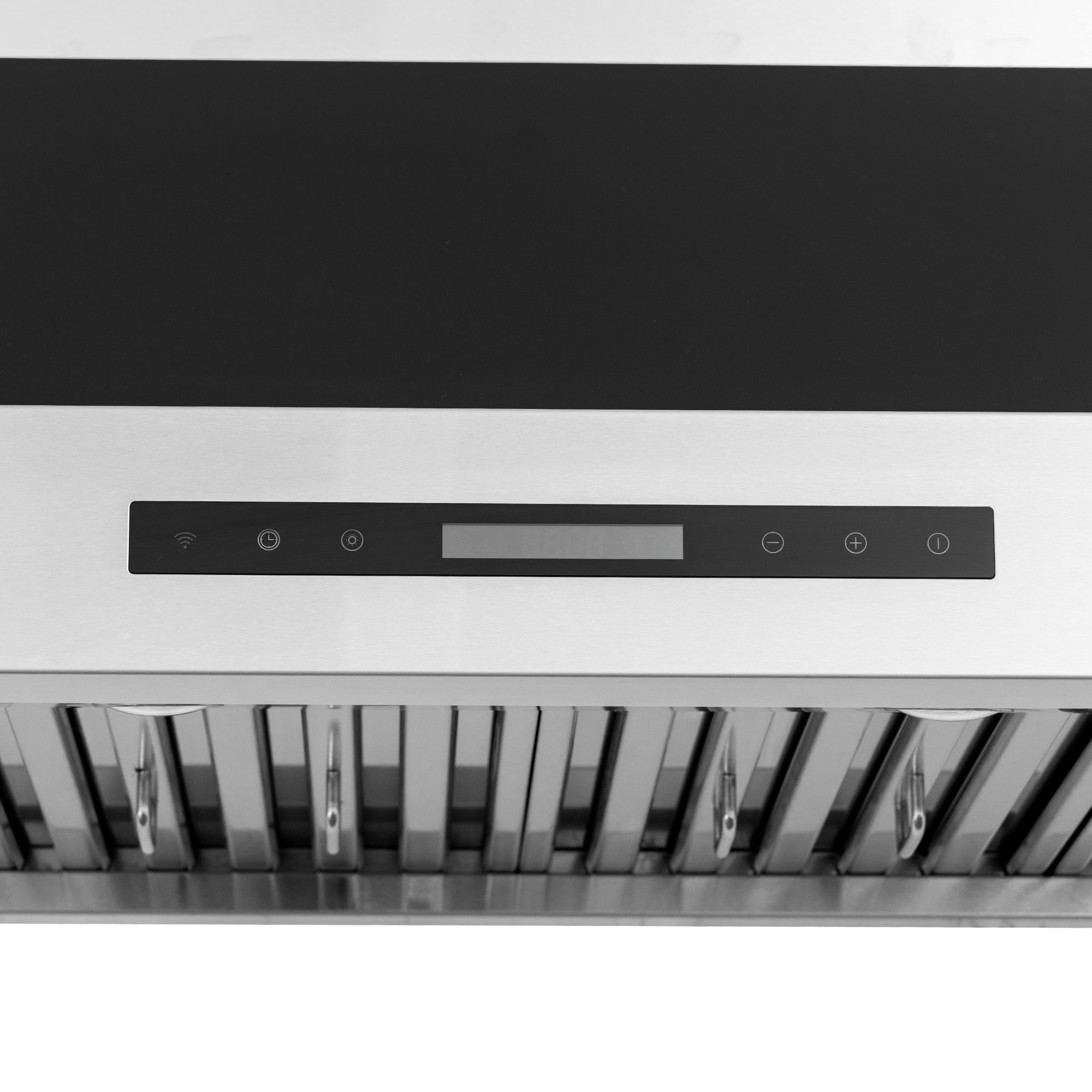 Close-up of Proline King Air Dream Home Series matte black range hood with digital panel. ProlineRangeHoods.com.