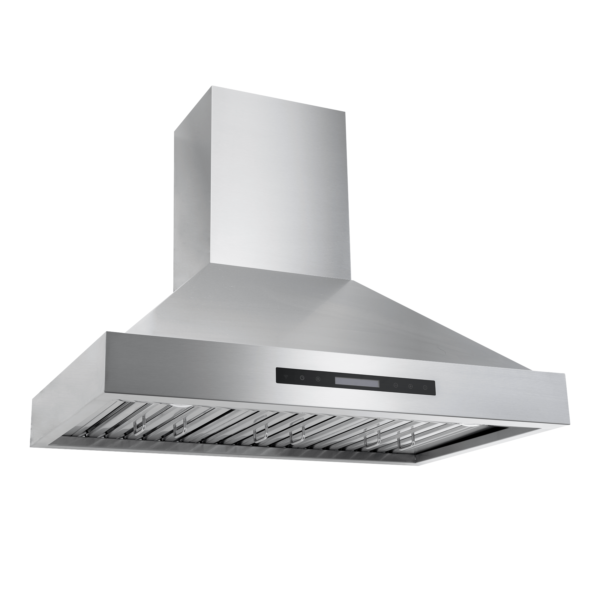 ProlineRangeHoods.com King Air wall-mounted range hood, stainless steel, front view, integrated control panel.