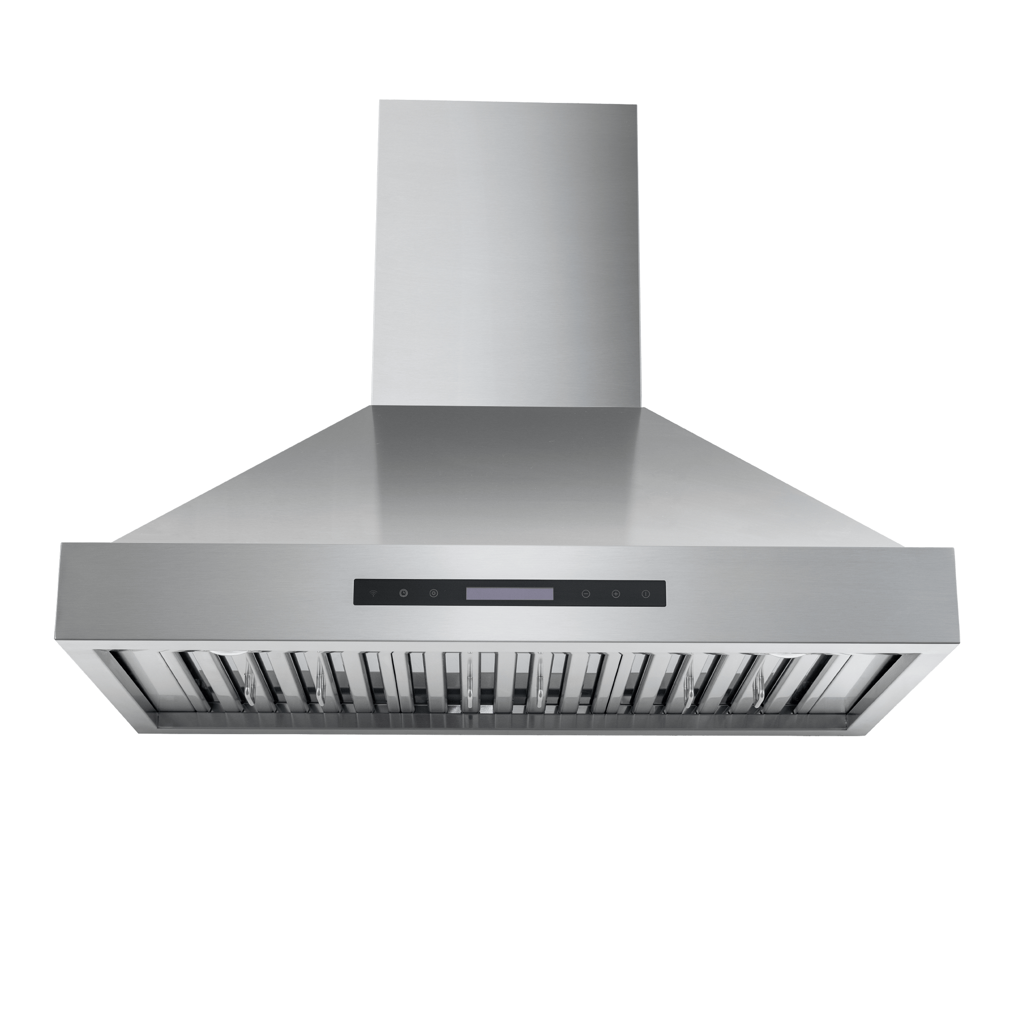 ProlineRangeHoods.com King Air wall-mounted hood in stainless steel, front view, 550/1200 CFM touch controls.