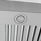 Close-up of LED light in Proline King Air SS range hood with vertical slats, 550/1200 CFM—ProlineRangeHoods.com.