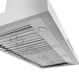The Proline King Air wall-mounted range hood, 550/1200 CFM, lights, metal filters—see ProlineRangeHoods.com.