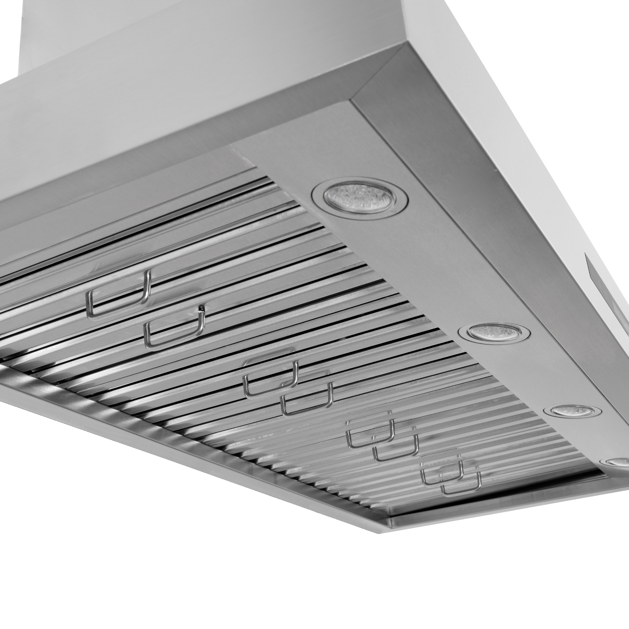 Close-up of Proline White King Air Dream Home Series range hood with lights and metal slats, at ProlineRangeHoods.com.