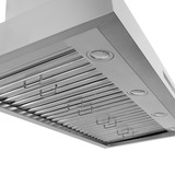 Close-up of Proline White King Air Dream Home Series range hood with lights and metal slats, at ProlineRangeHoods.com.