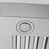 Close-up of round LED light in stainless steel with vent slats, on Proline King Air Range Hood. ProlineRangeHoods.com.