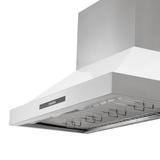 The Proline White King Air range hood offers 550/1200 CFM, control panel, utensil hooks, low angle. ProlineRangeHoods.com.