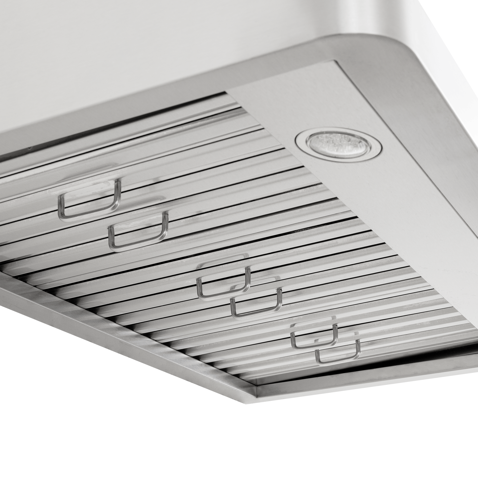 Close-up of the sleek PLSW 115 600 CFM range hood by Proline at ProlineRangeHoods.com with built-in lights.