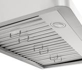 Close-up of the sleek PLSW 115 600 CFM range hood by Proline at ProlineRangeHoods.com with built-in lights.