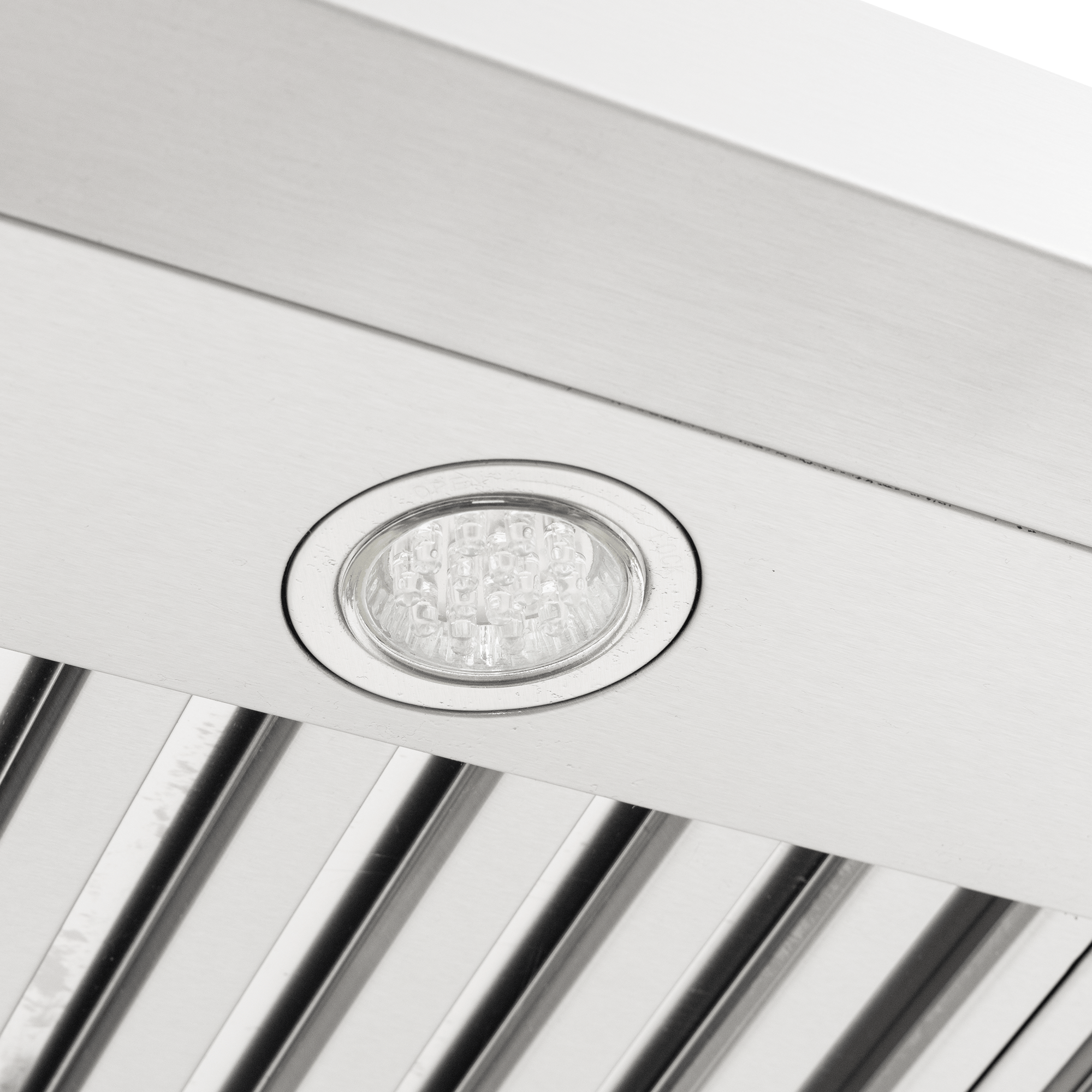 Close-up of Proline Range Hoods PLSW 115 with LED light, stainless vent slats. 600 CFM. ProlineRangeHoods.com.