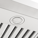 Close-up of Proline Range Hoods PLSW 115 with LED light, stainless vent slats. 600 CFM. ProlineRangeHoods.com.