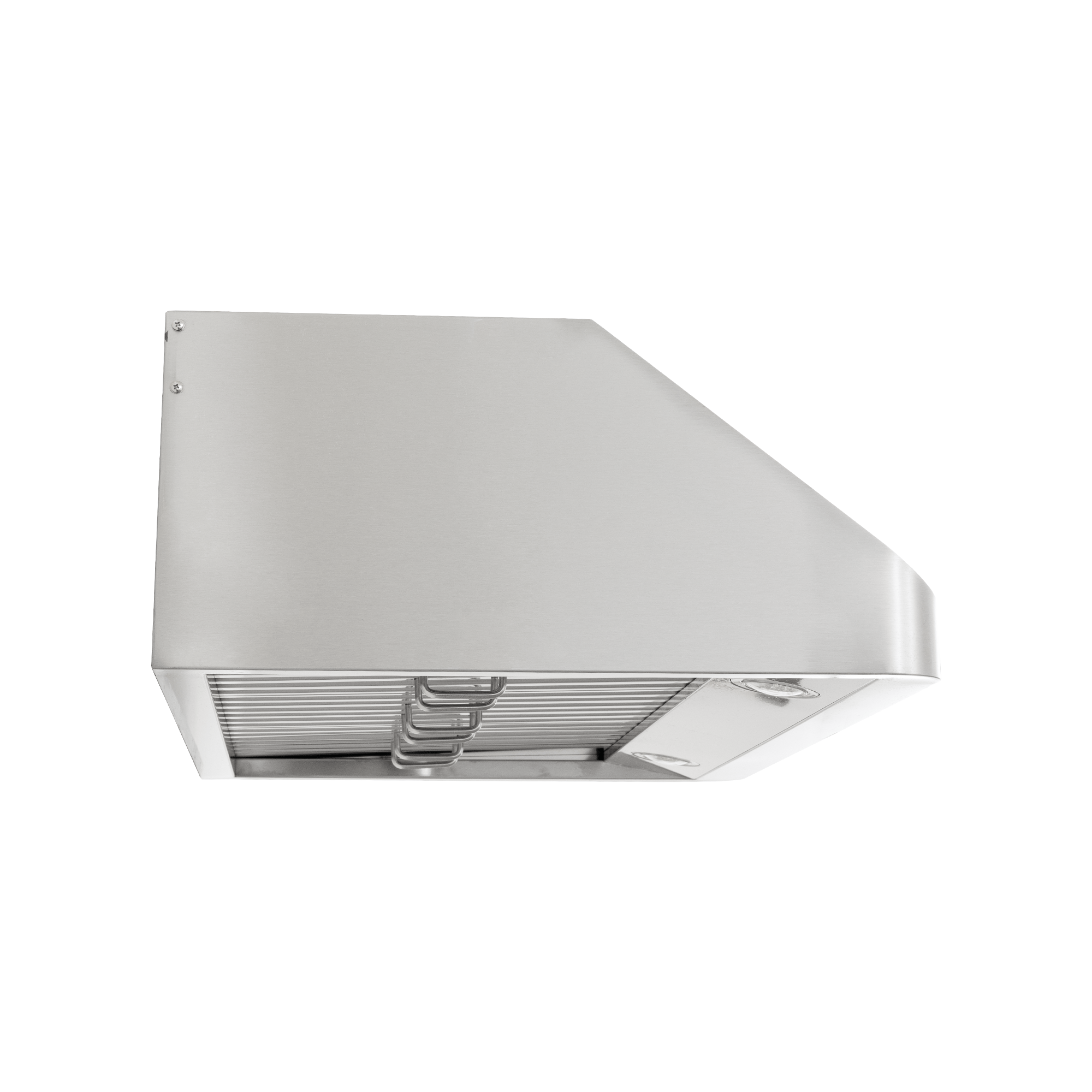 Proline PLSW 115 under-cabinet range hood, stainless steel, low angle on white. ProlineRangeHoods.com.