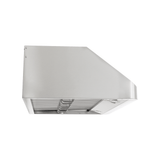 Proline PLSW 115 under-cabinet range hood, stainless steel, low angle on white. ProlineRangeHoods.com.