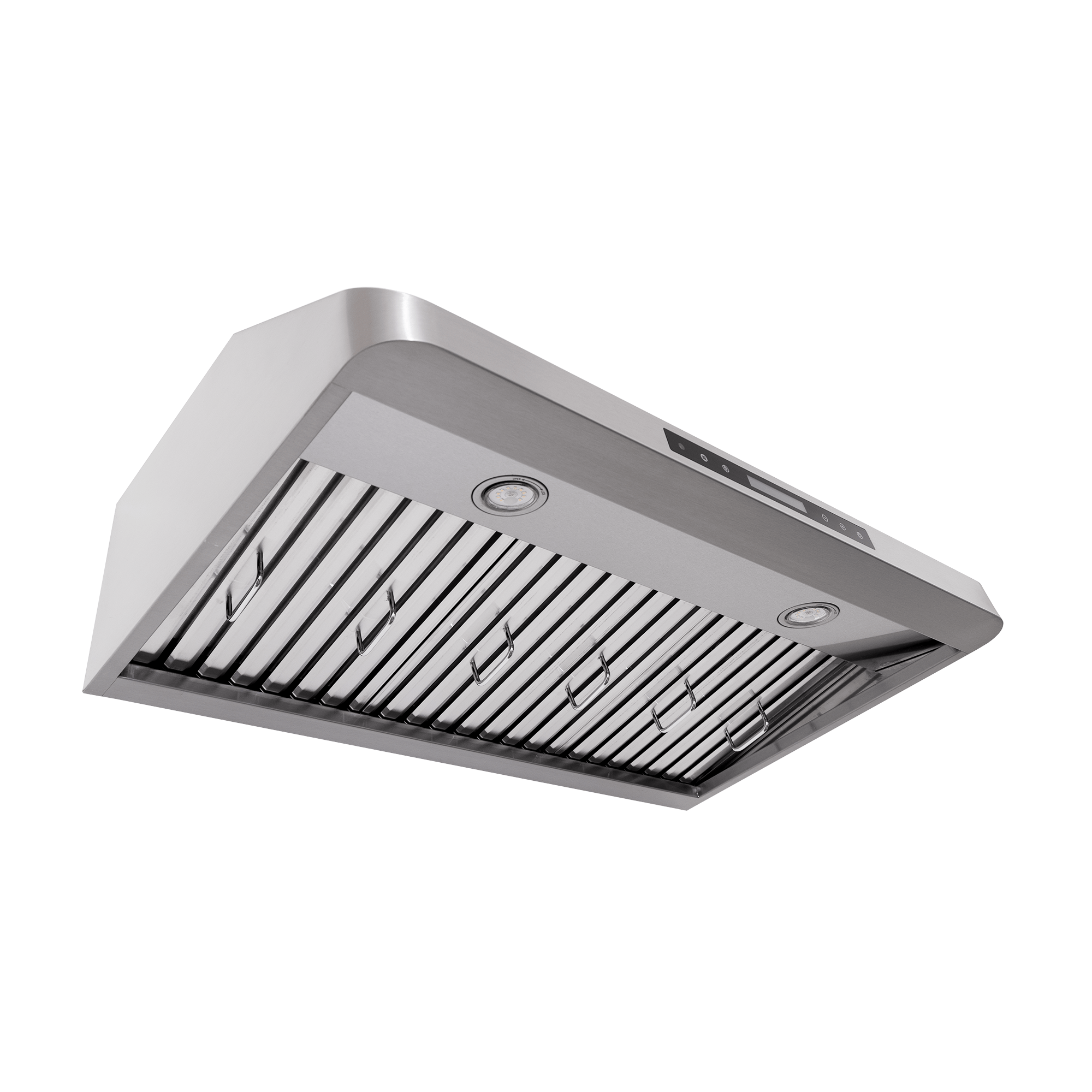 ProlineRangeHoods.com PLSW 115 stainless under-cabinet hood, shown from below with lights and filters visible.