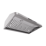 ProlineRangeHoods.com PLSW 115 stainless under-cabinet hood, shown from below with lights and filters visible.