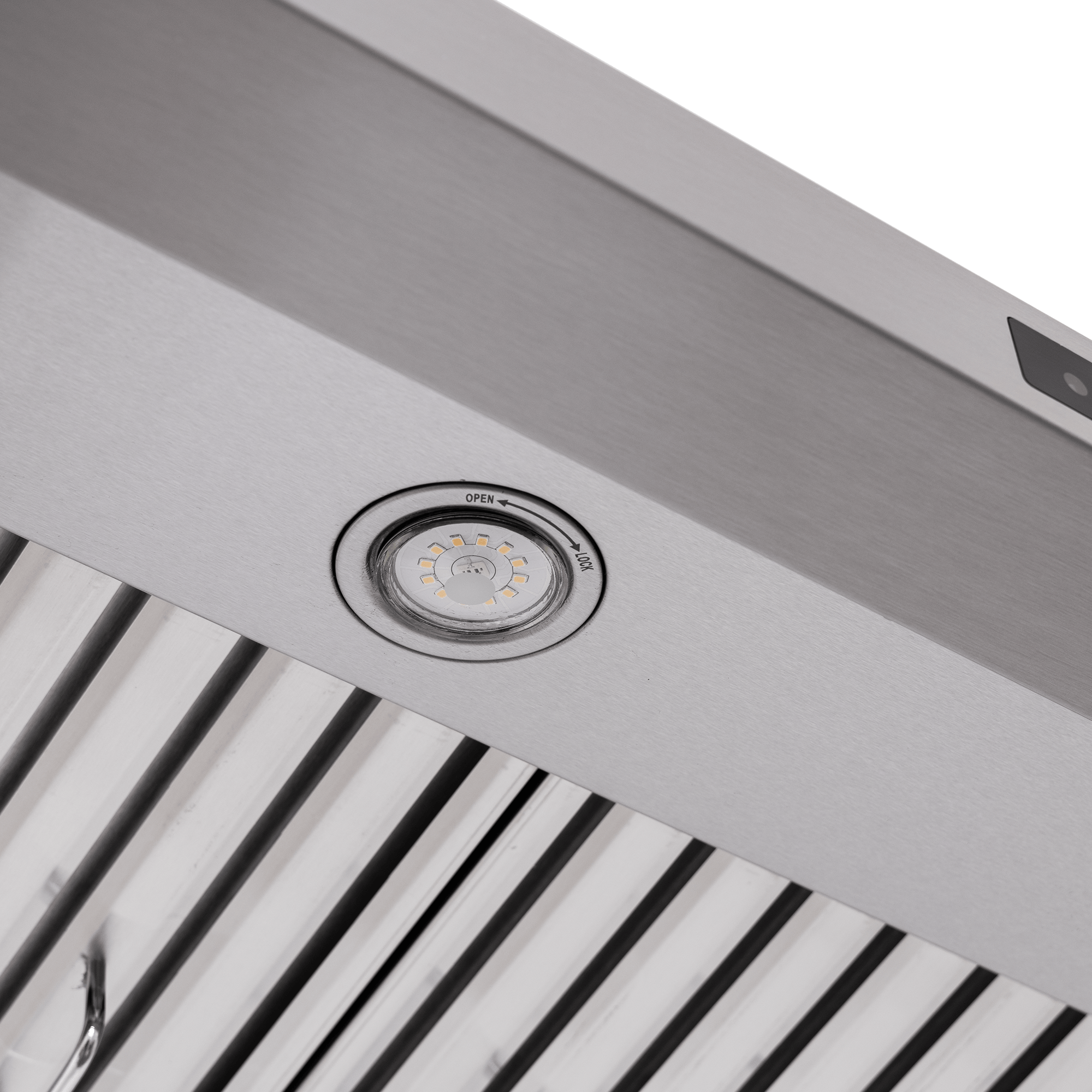 Close-up of Proline PLSW 115 Range Hood shows stainless steel, LED light, slatted filter. ProlineRangeHoods.com.