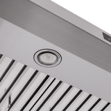 Close-up of Proline PLSW 115 Range Hood shows stainless steel, LED light, slatted filter. ProlineRangeHoods.com.