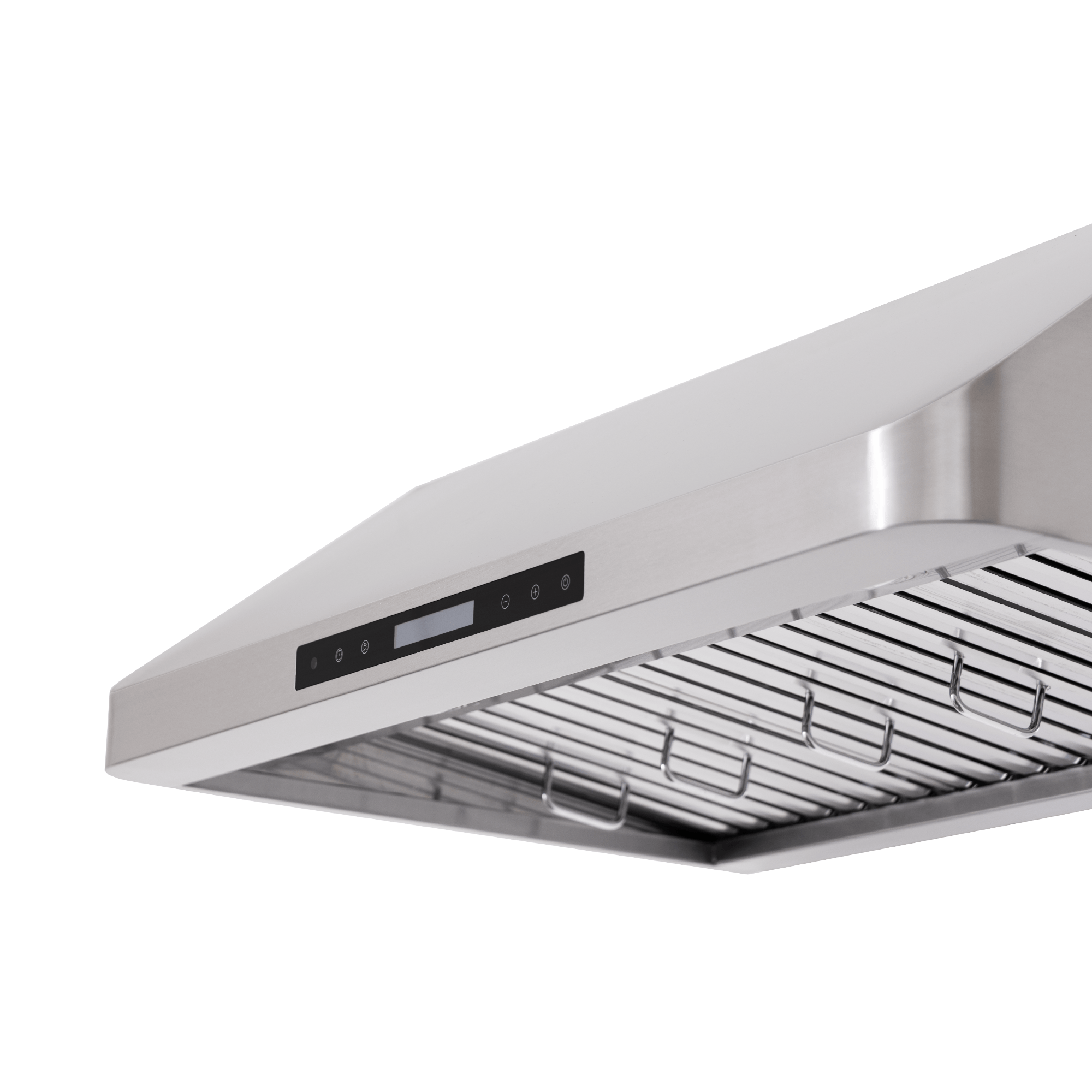 ProlineRangeHoods.com PLSW 115 stainless under-cabinet range hood with control panel, vent slats, 600 CFM, low angle.