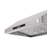 ProlineRangeHoods.com PLSW 115 stainless under-cabinet range hood with control panel, vent slats, 600 CFM, low angle.