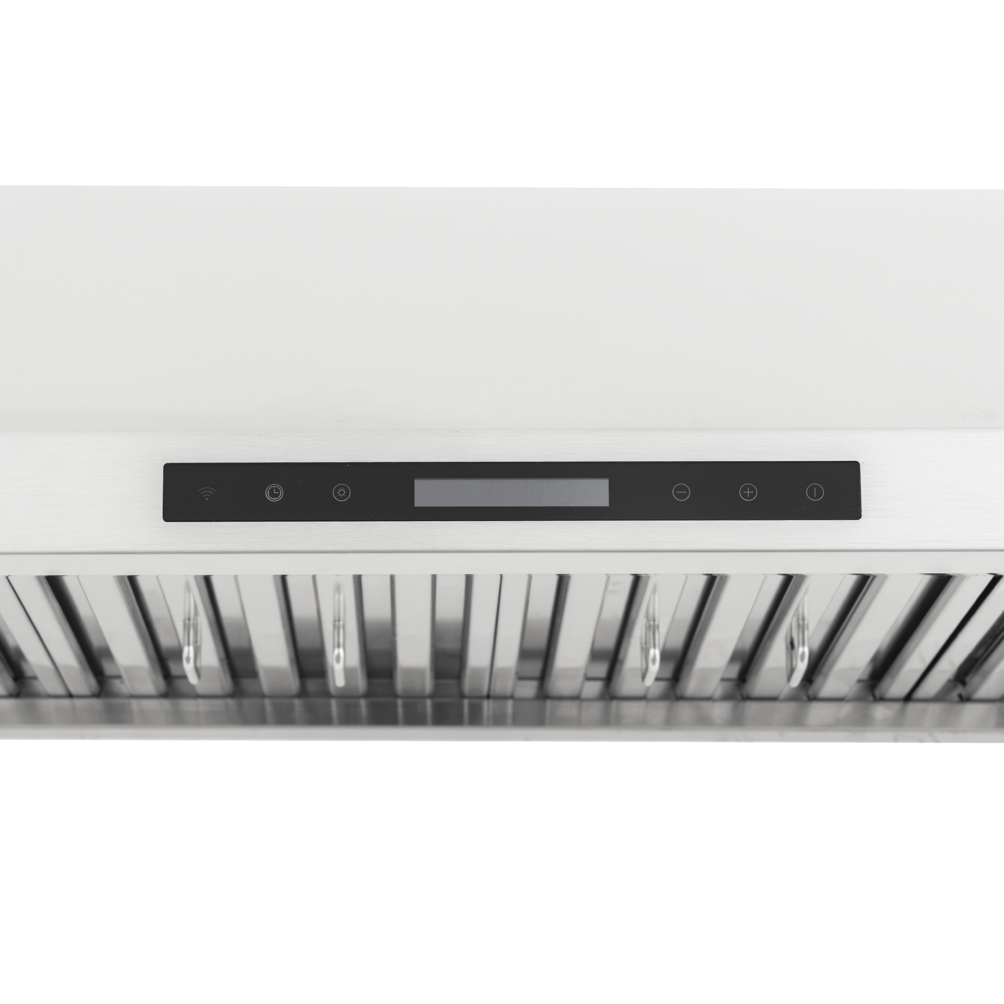 ProlineRangeHoods.com PLSW 115 under-cabinet hood: compact stainless steel, black digital panel, 600 CFM airflow.
