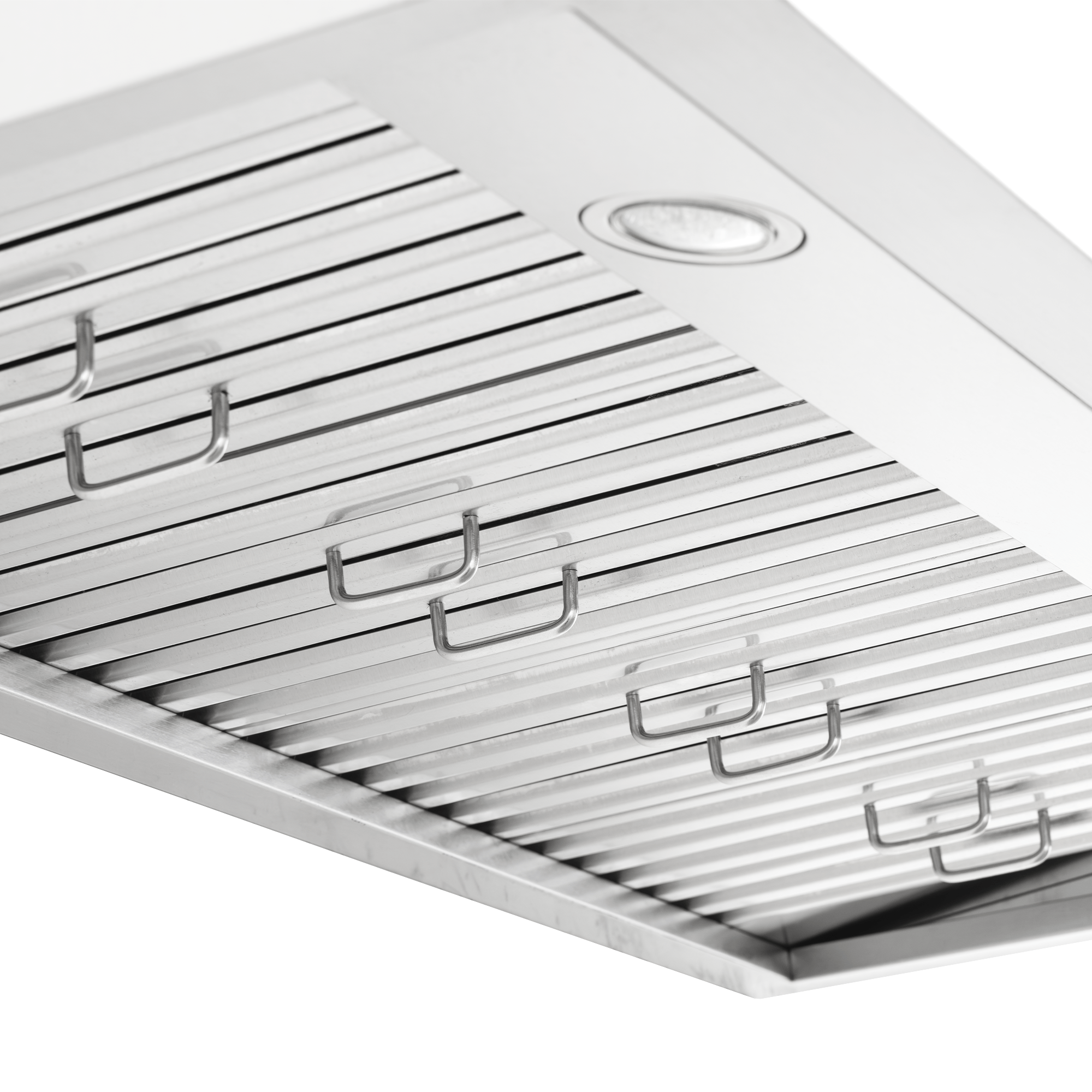 ProlineRangeHoods.com PLSW 115 under-cabinet hood with stainless steel filter, circular light, and metal handles.