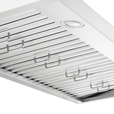 ProlineRangeHoods.com PLSW 115 under-cabinet hood with stainless steel filter, circular light, and metal handles.
