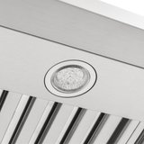 Close-up of LED light in stainless PLSW 115 range hood by Proline Range Hoods, vertical grooves, ProlineRangeHoods.com.