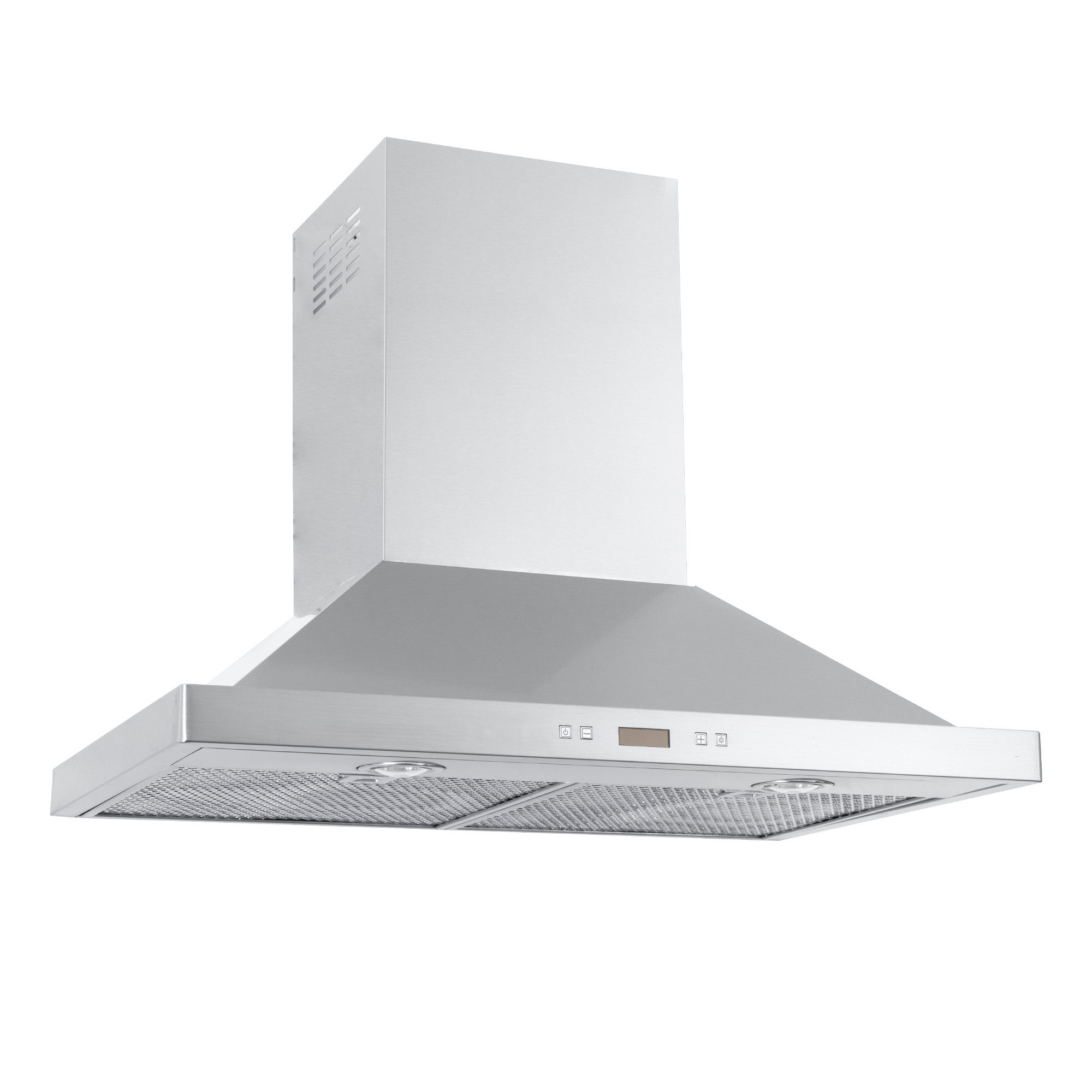 PLFW 520 wall-mounted range hood in stainless steel/matte black, control buttons, ductless-ready. ProlineRangeHoods.com.