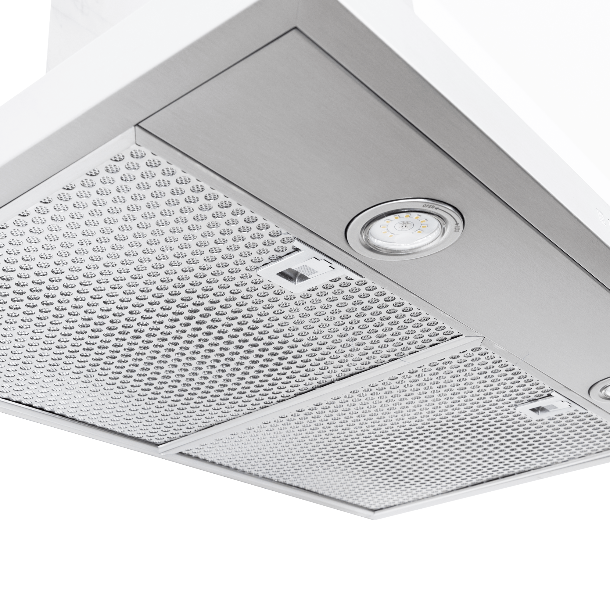 Close-up of Proline PLFW 520 range hood, stainless steel, LED light, matte black, ProlineRangeHoods.com.