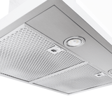 Close-up of Proline PLFW 520 range hood, stainless steel, LED light, matte black, ProlineRangeHoods.com.