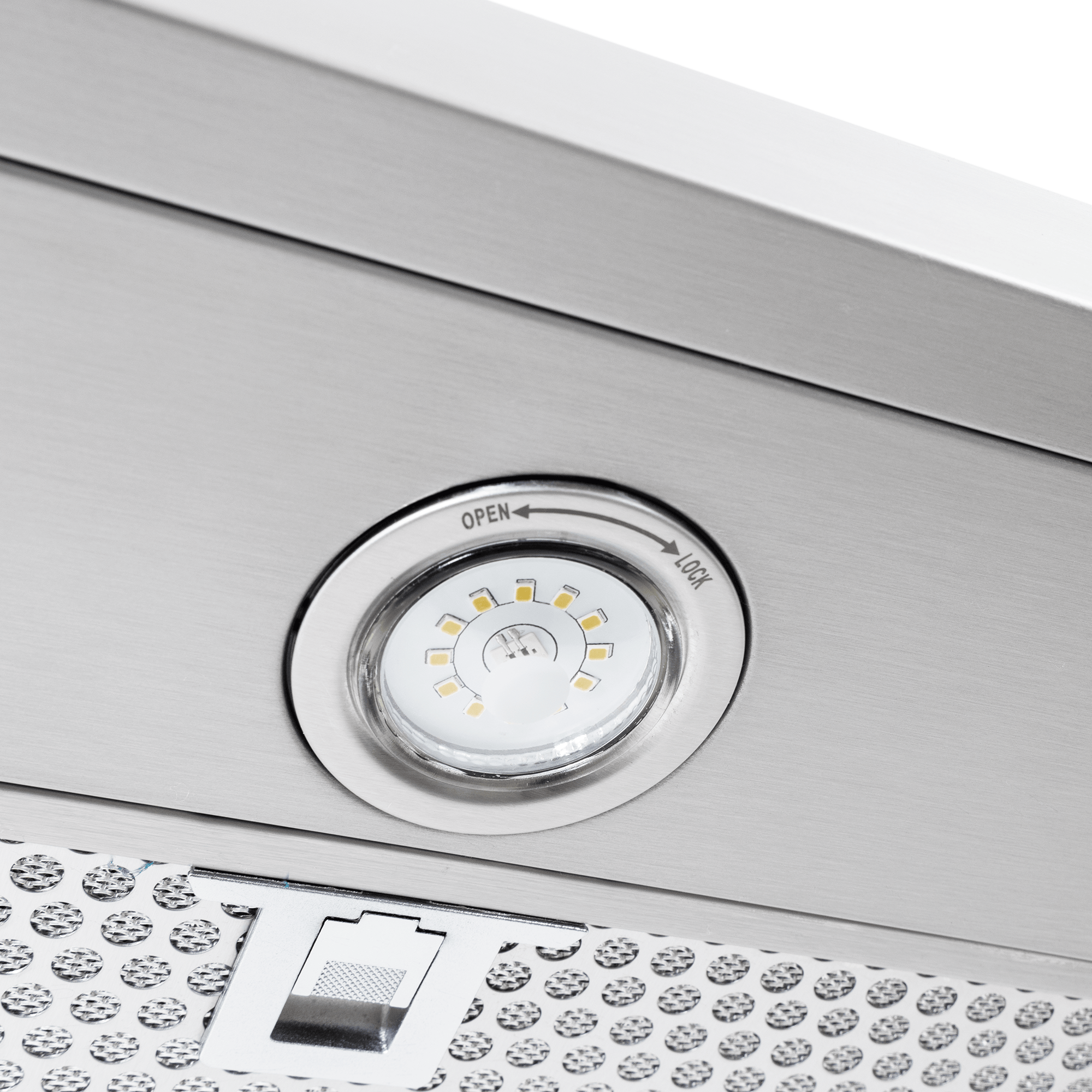 Close-up of Proline PLFW 520 Range Hood's LED light and matte black finish. ProlineRangeHoods.com.