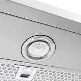 Close-up of Proline PLFW 520 Range Hood's LED light and matte black finish. ProlineRangeHoods.com.