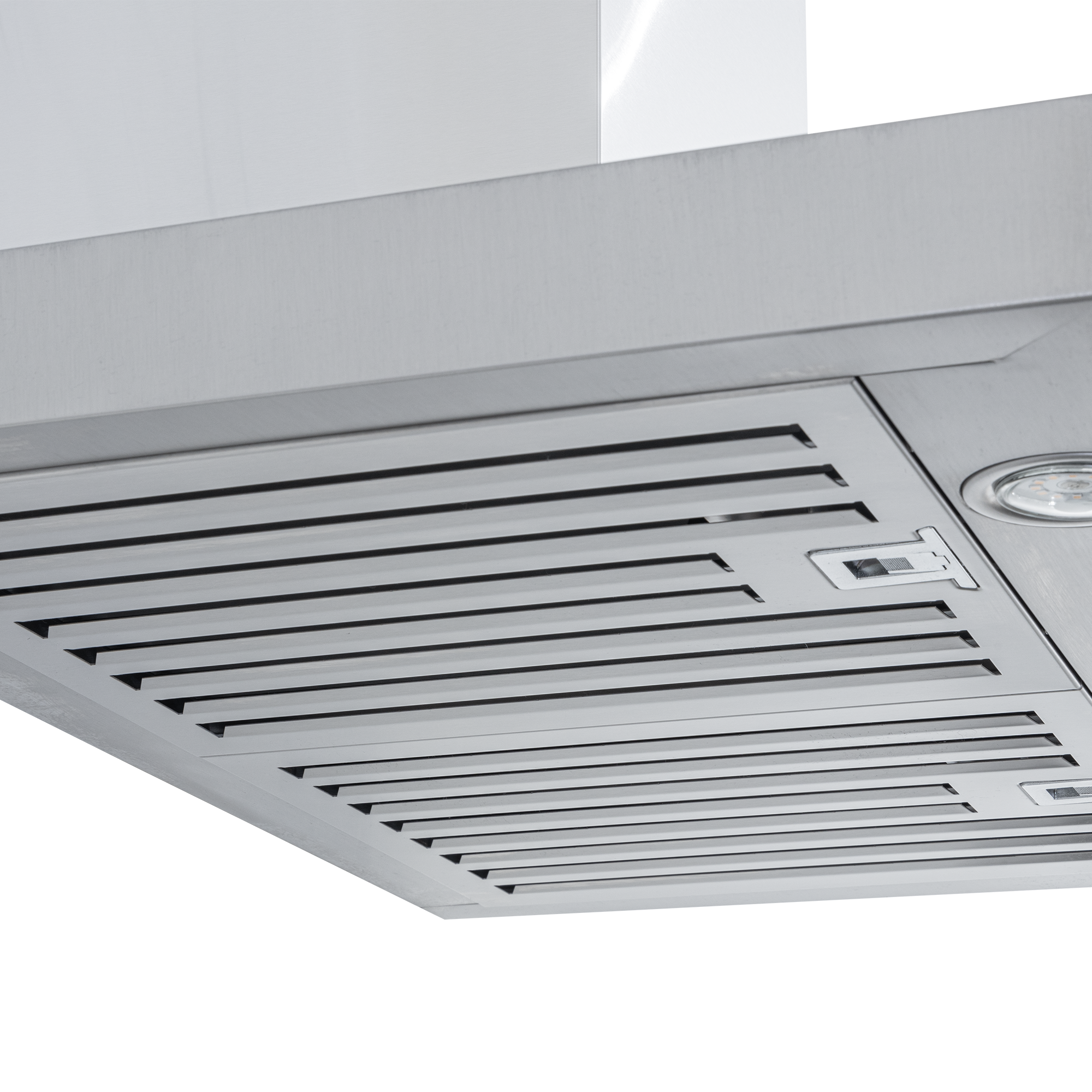 The Proline PLFW 750 Wall Mounted Range Hood by ProlineRangeHoods.com, in stainless steel, features ducted ventilation with powerful 900/1100 CFM airflow and lighted vent grilles.