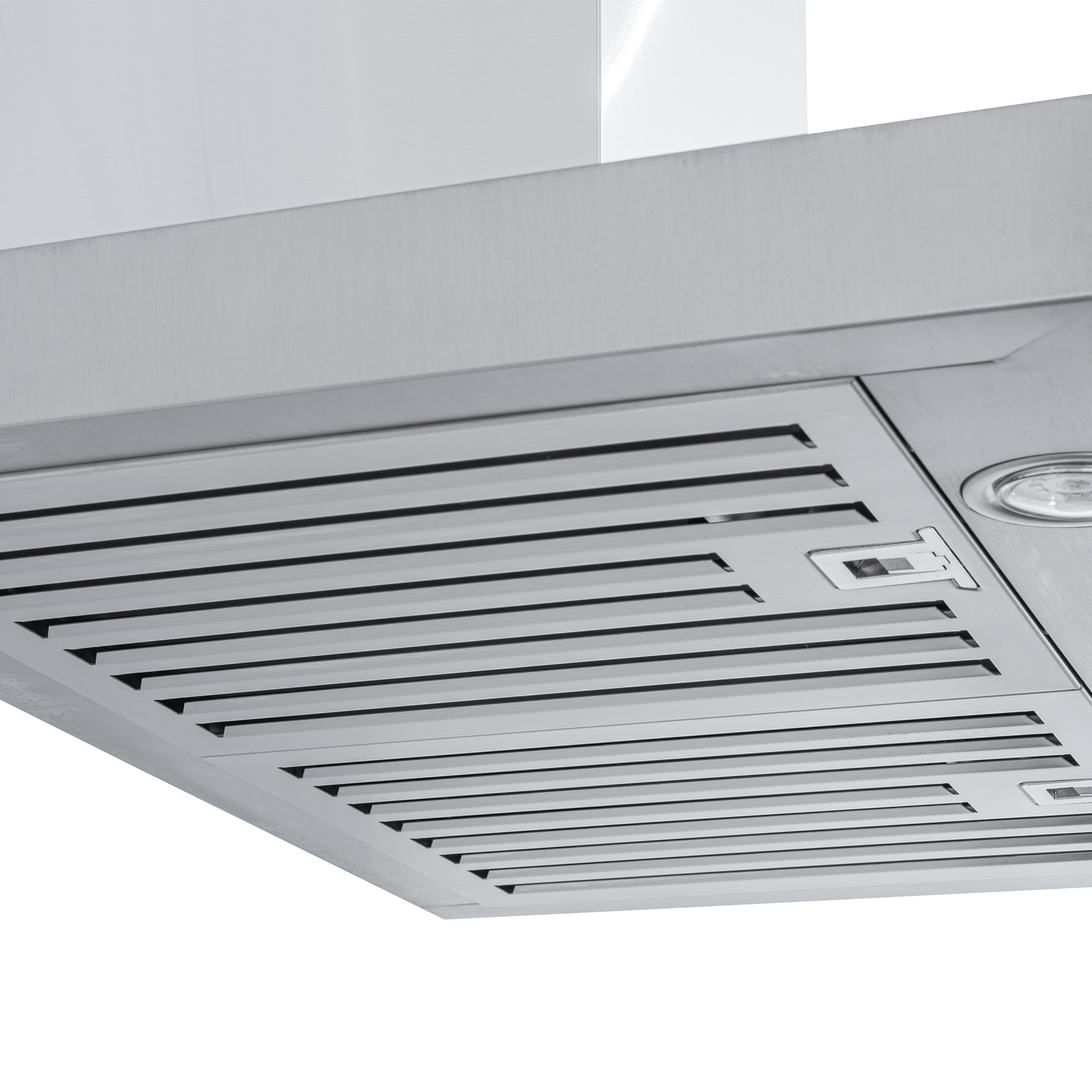 The Proline PLFW 750 Wall Mounted Range Hood by ProlineRangeHoods.com, in stainless steel, features ducted ventilation with powerful 900/1100 CFM airflow and lighted vent grilles.