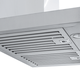 The Proline PLFW 750 Wall Mounted Range Hood by ProlineRangeHoods.com, in stainless steel, features ducted ventilation with powerful 900/1100 CFM airflow and lighted vent grilles.