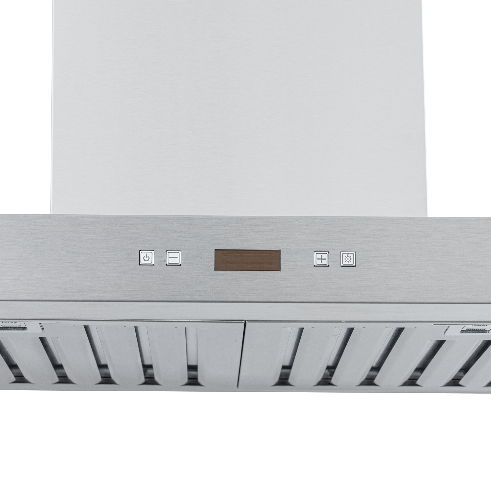 The Proline PLFW 750 from ProlineRangeHoods.com is a stainless steel wall-mounted range hood with optimized sound and digital display, viewed from below to showcase its easy control buttons.