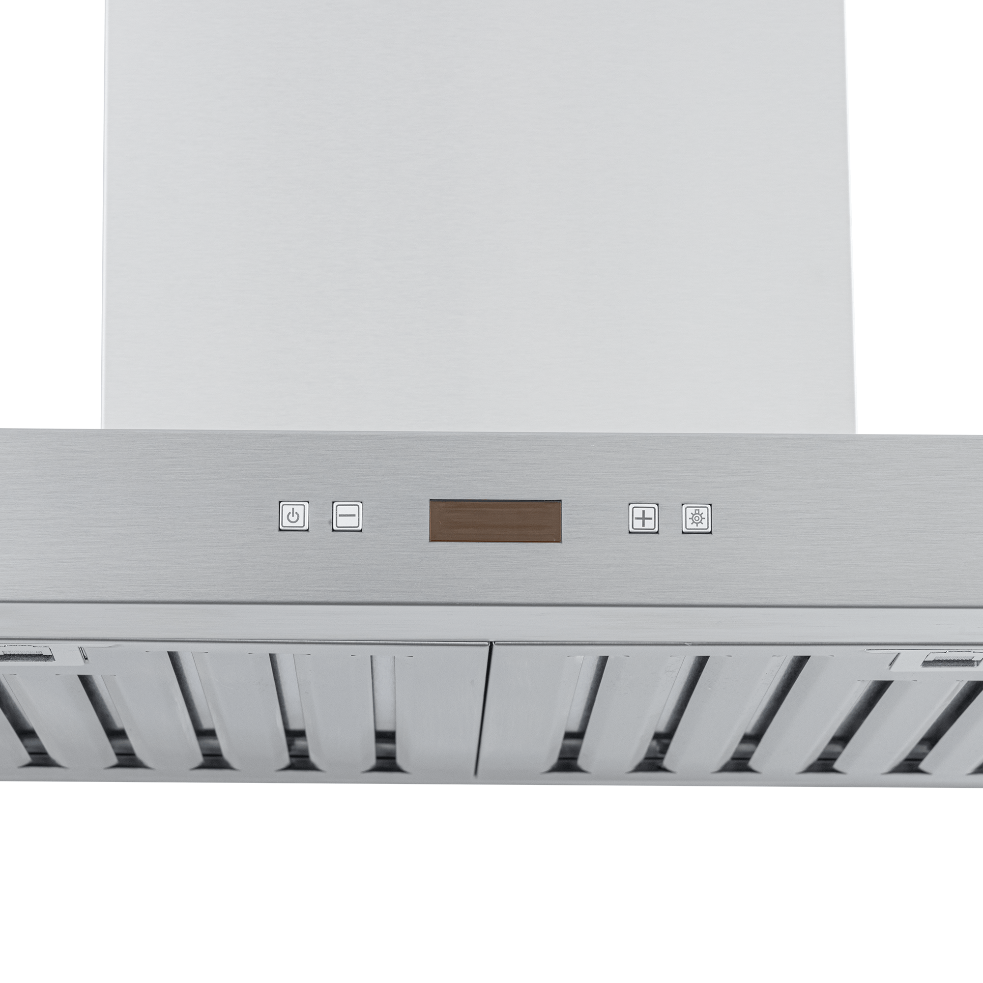 The Proline PLFW 750 from ProlineRangeHoods.com is a stainless steel wall-mounted range hood with optimized sound and digital display, viewed from below to showcase its easy control buttons.
