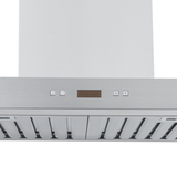 The Proline PLFW 750 from ProlineRangeHoods.com is a stainless steel wall-mounted range hood with optimized sound and digital display, viewed from below to showcase its easy control buttons.