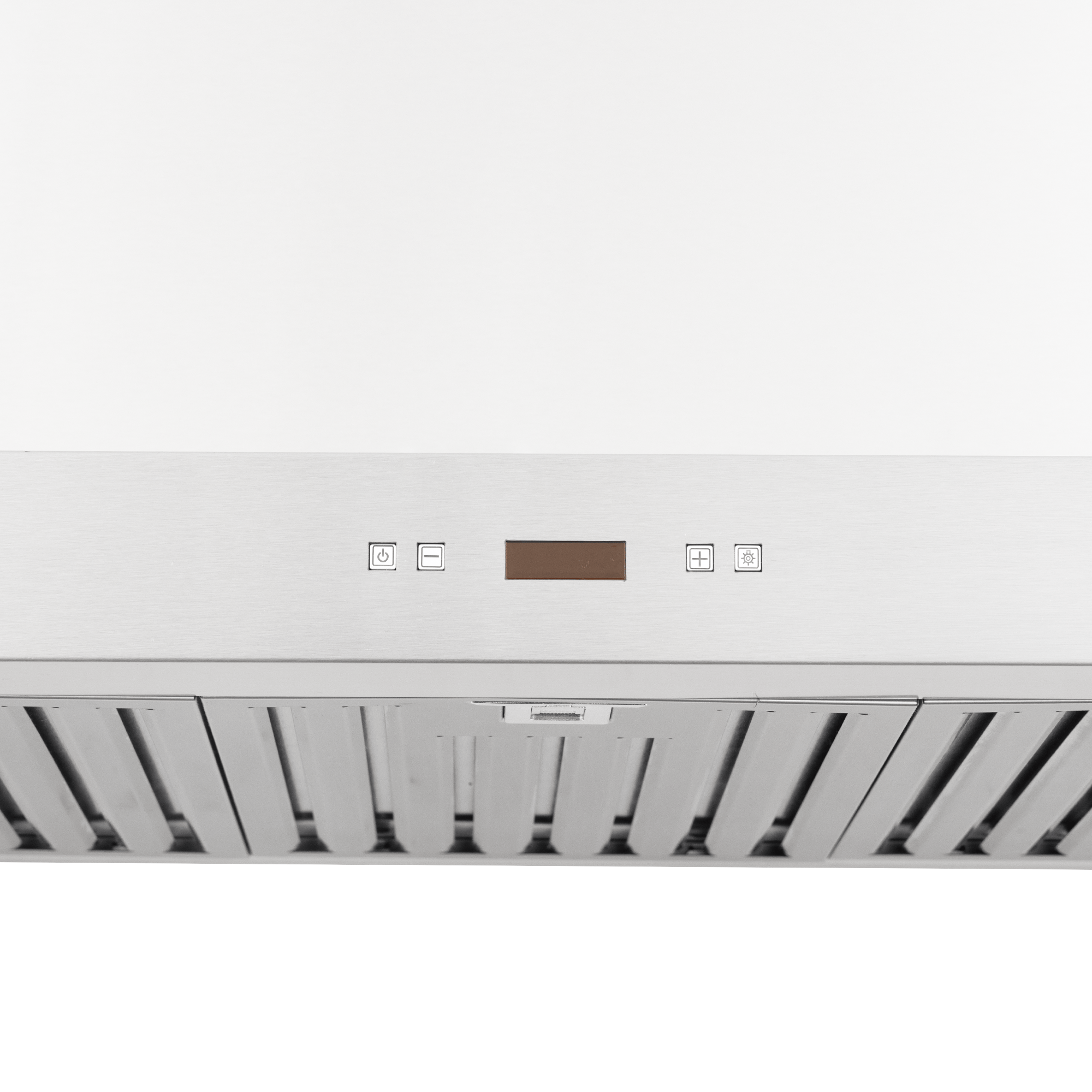 Proline PLFW 750 range hood in stainless steel with controls, shown from below; ProlineRangeHoods.com.
