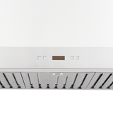 Proline PLFW 750 range hood in stainless steel with controls, shown from below; ProlineRangeHoods.com.