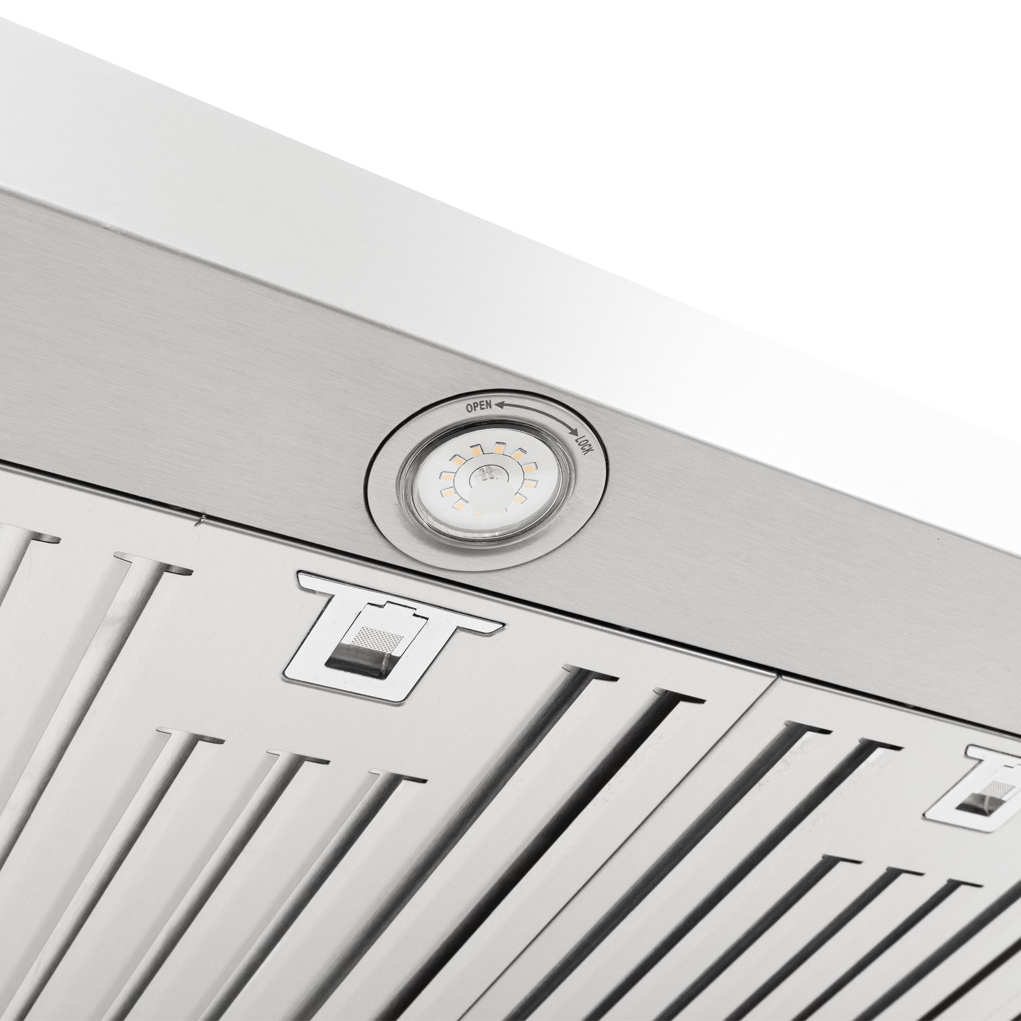 Close-up of Proline PLFW 750 range hood, stainless finish, dial, vent filters. ProlineRangeHoods.com.