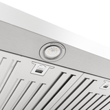 Close-up of Proline PLFW 750 range hood, stainless finish, dial, vent filters. ProlineRangeHoods.com.