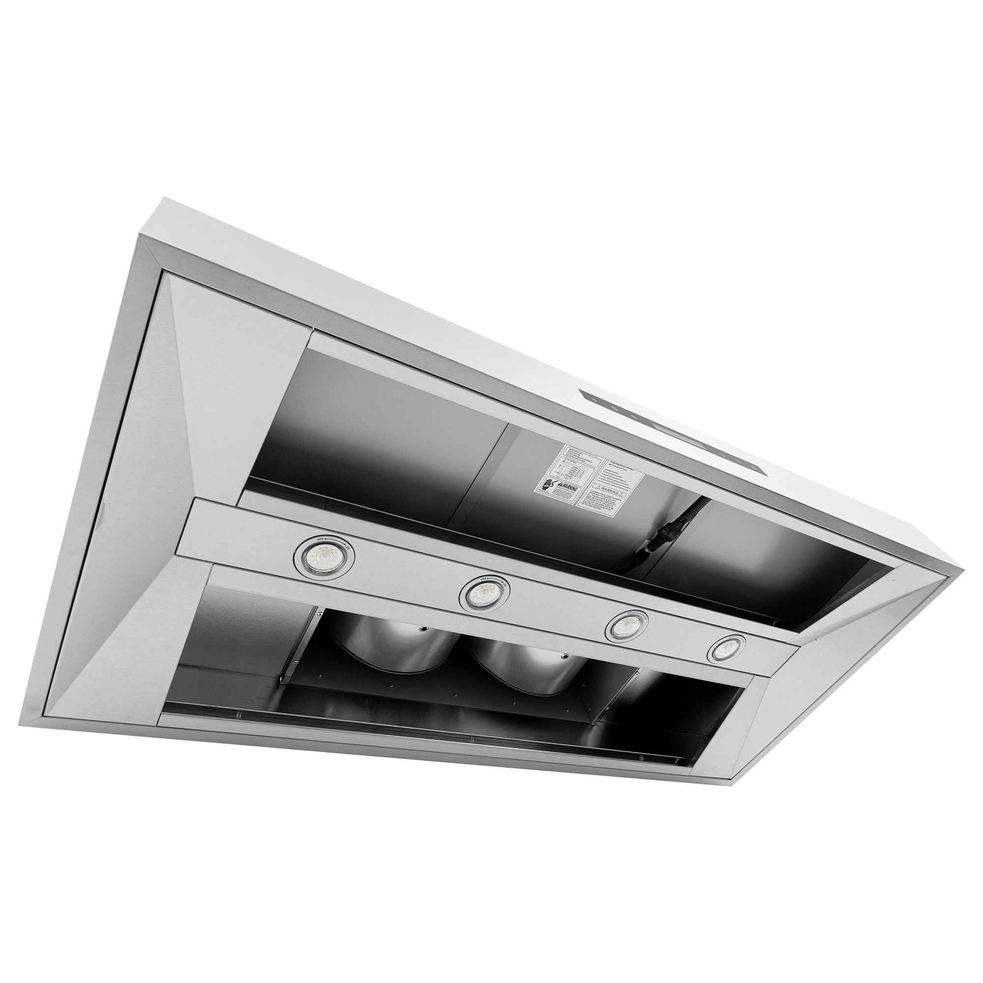 The Proline PLFW 755 wall-mounted hood, dual motors, 1100 CFM, built-in lights; ProlineRangeHoods.com.