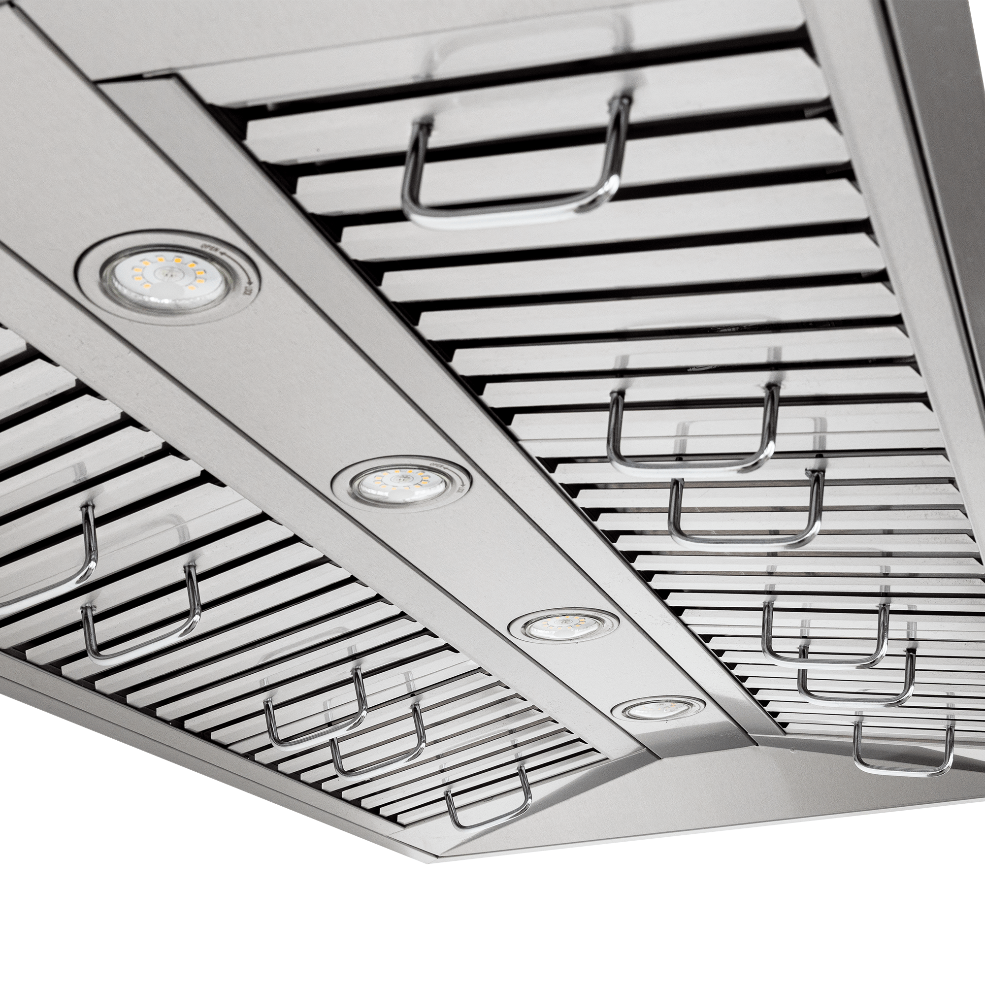 Close-up of Proline PLFW 755 stainless steel range hood with lights, dual motors, outdoor option. ProlineRangeHoods.com.