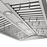 Close-up of Proline PLFW 755 stainless steel range hood with lights, dual motors, outdoor option. ProlineRangeHoods.com.