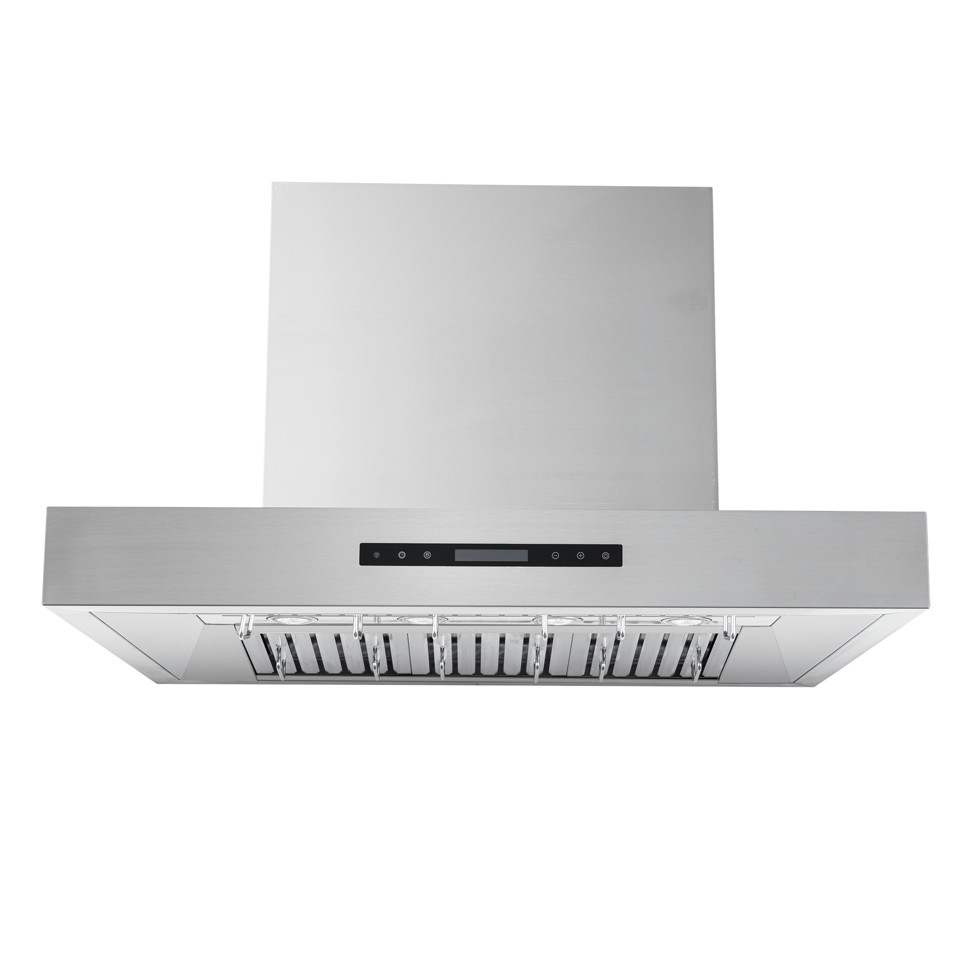 The Proline PLFW 755 range hood, outdoor rated steel, 1100 CFM, front view with control panel. ProlineRangeHoods.com.