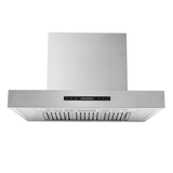 The Proline PLFW 755 range hood, outdoor rated steel, 1100 CFM, front view with control panel. ProlineRangeHoods.com.