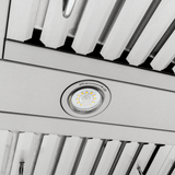 Close-up of Proline PLFW 755 range hood with circular light, stainless steel, 1100 CFM. ProlineRangeHoods.com.