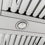 Close-up of Proline PLFW 755 range hood with circular light, stainless steel, 1100 CFM. ProlineRangeHoods.com.