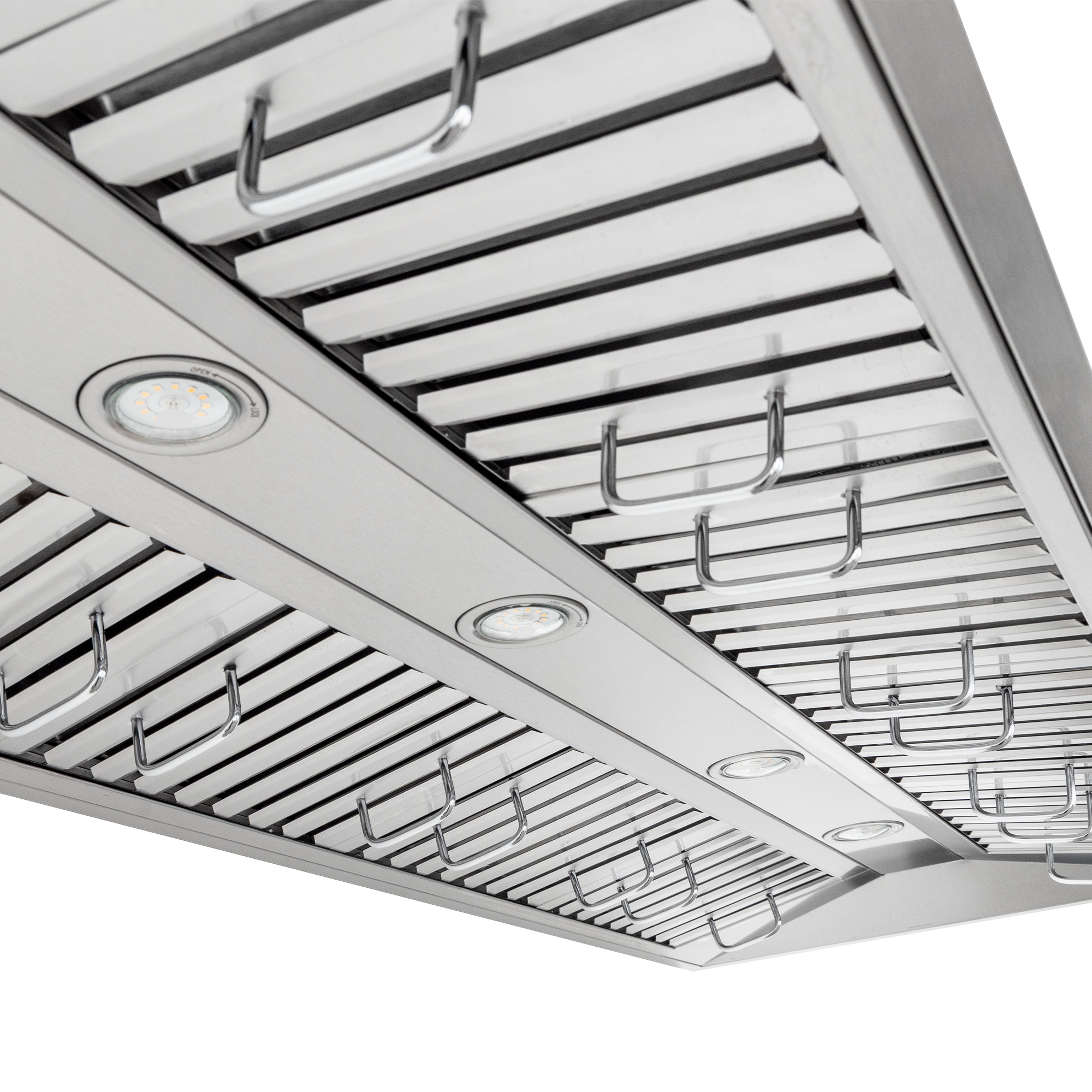 Close-up of Proline PLFW 755 ducted, wall-mounted stainless steel range hood; see ProlineRangeHoods.com for details.