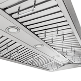 Close-up of Proline PLFW 755 ducted, wall-mounted stainless steel range hood; see ProlineRangeHoods.com for details.