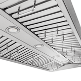 Close-up of Proline PLFW 755 ducted, wall-mounted stainless steel range hood; see ProlineRangeHoods.com for details.